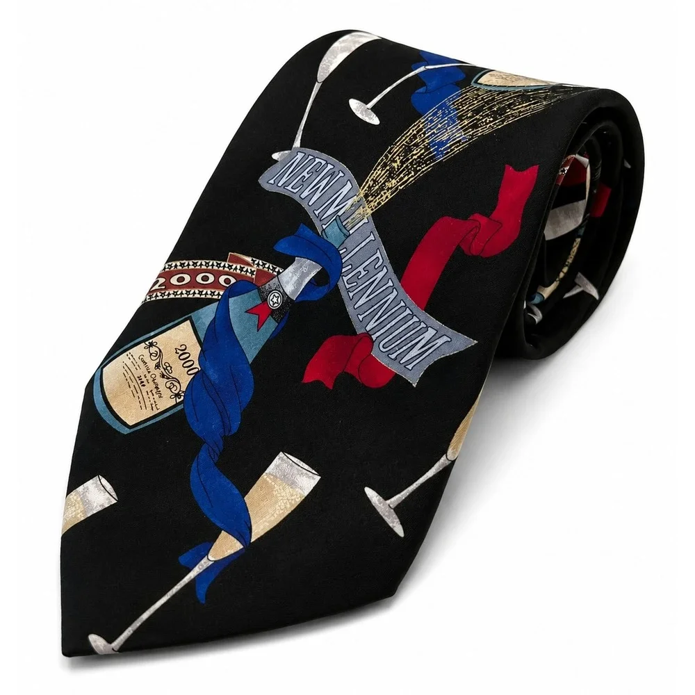 New Millennium Mens Classic Neck Tie 2000 Happy New Year Party Black 100% Silk